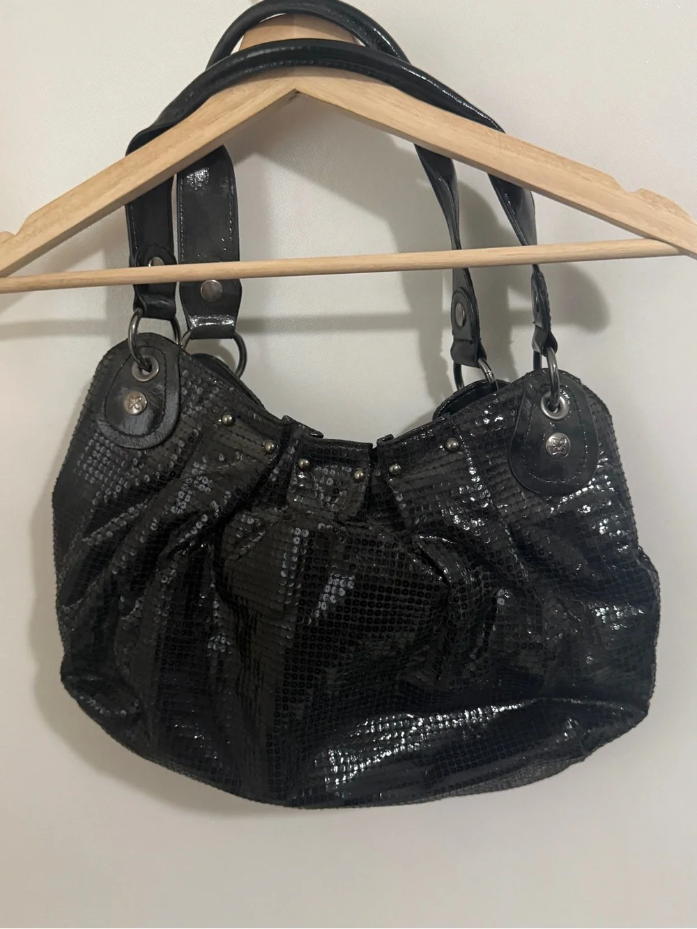 Relic Black Shiny Textured Shoulder Studded Bag Purse Glossy Fabric Rocker Biker